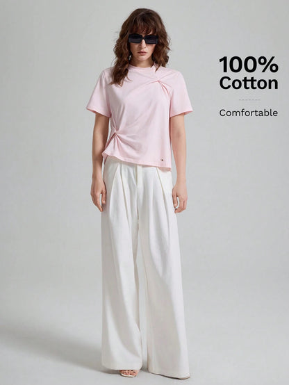 Ontre Women's Soft Pink T-Shirt,High-End Asymmetric Ruched Summer Casual Everyday Tops,Elegant Office Commuter Modern Urban Petite Fitted Shirt