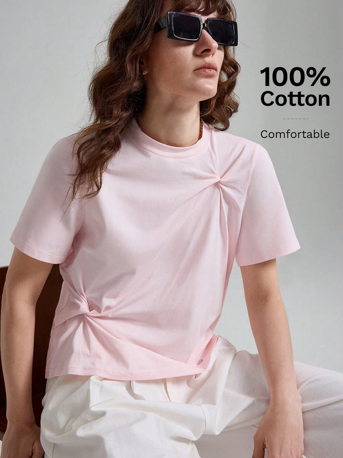 Ontre Women's Soft Pink T-Shirt,High-End Asymmetric Ruched Summer Casual Everyday Tops,Elegant Office Commuter Modern Urban Petite Fitted Shirt