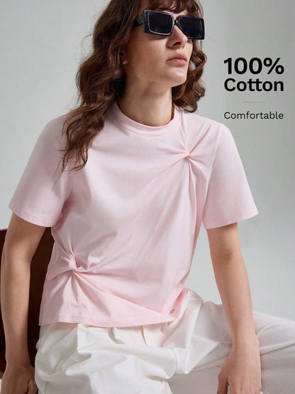Ontre Women's Soft Pink T-Shirt,High-End Asymmetric Ruched Summer Casual Everyday Tops,Elegant Office Commuter Modern Urban Petite Fitted Shirt