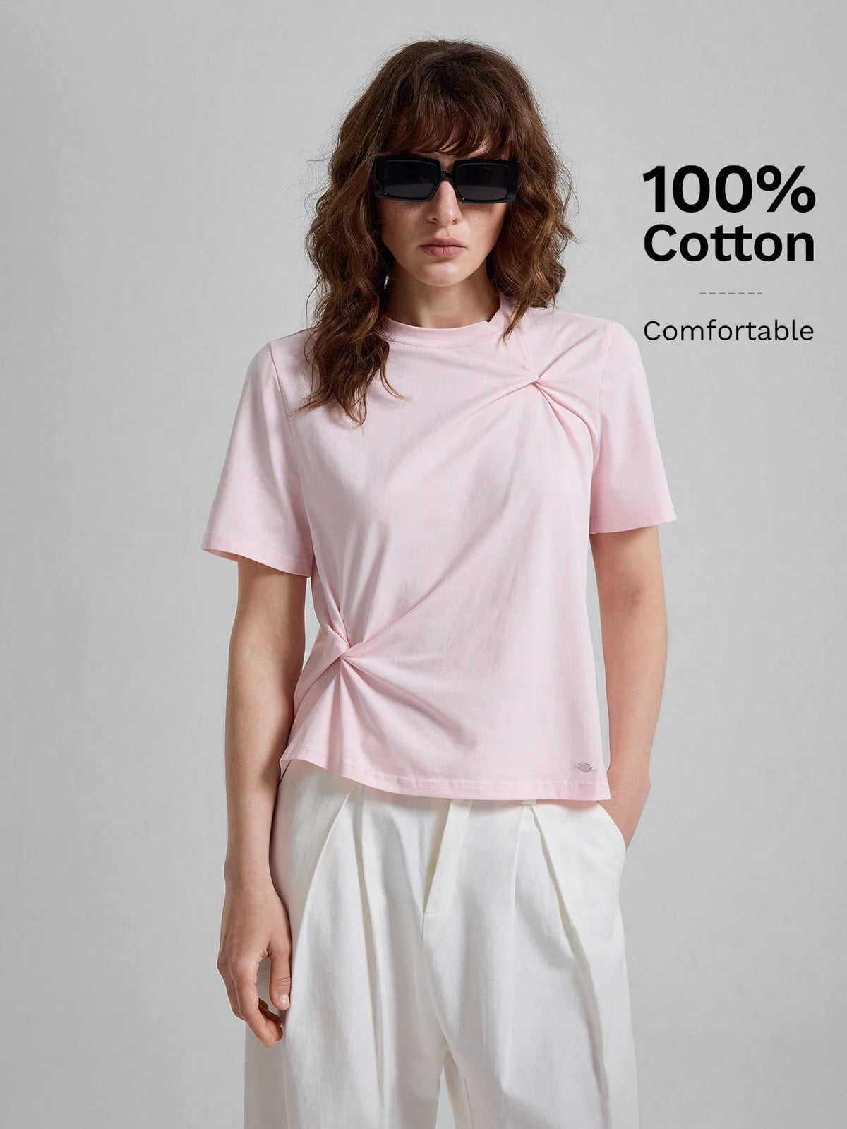 Ontre Women's Soft Pink T-Shirt,High-End Asymmetric Ruched Summer Casual Everyday Tops,Elegant Office Commuter Modern Urban Petite Fitted Shirt