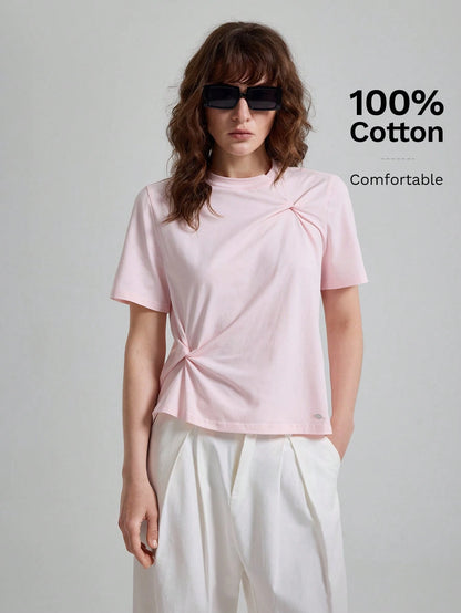 Ontre Women's Soft Pink T-Shirt,High-End Asymmetric Ruched Summer Casual Everyday Tops,Elegant Office Commuter Modern Urban Petite Fitted Shirt