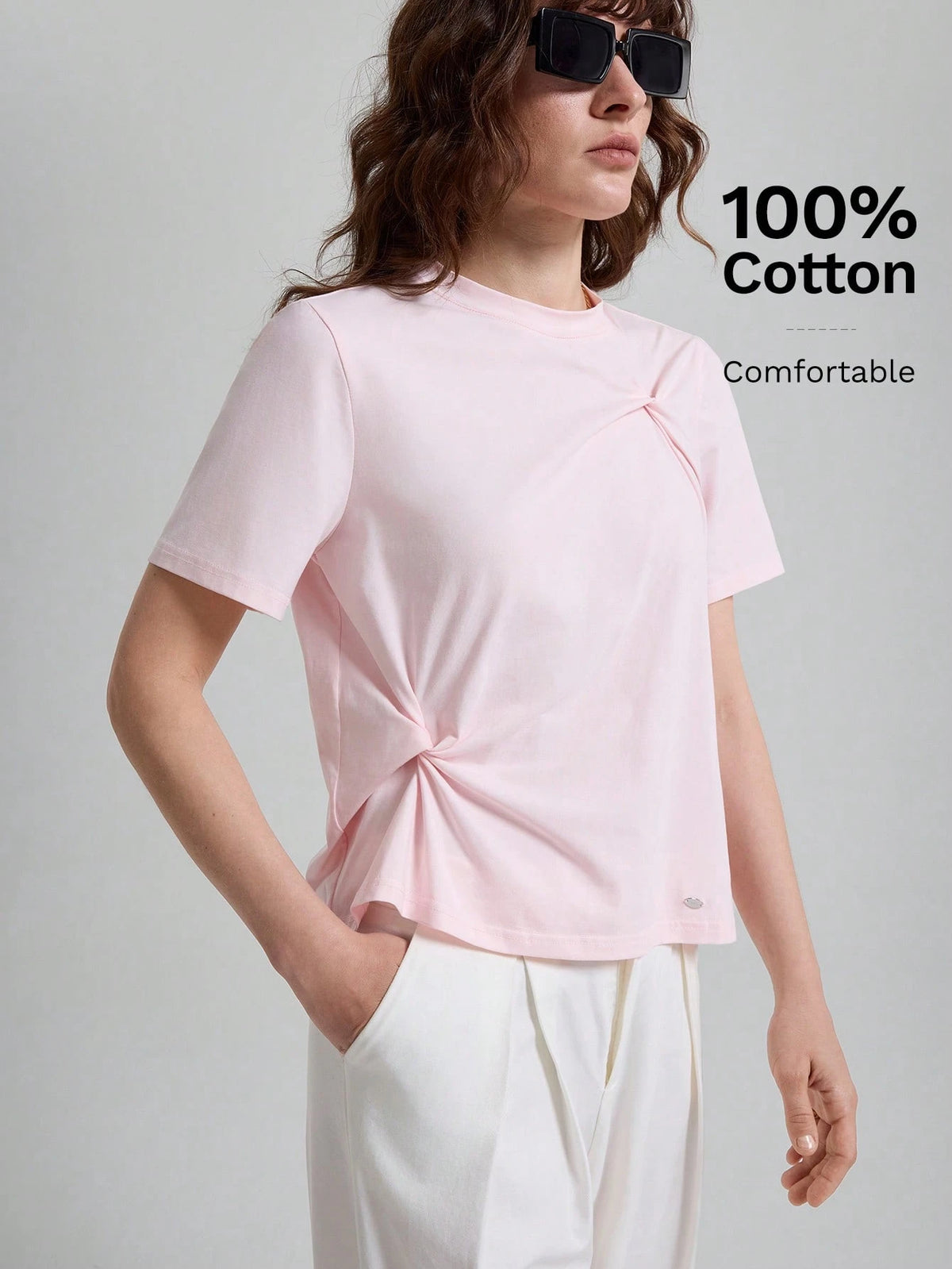 Ontre Women's Soft Pink T-Shirt,High-End Asymmetric Ruched Summer Casual Everyday Tops,Elegant Office Commuter Modern Urban Petite Fitted Shirt