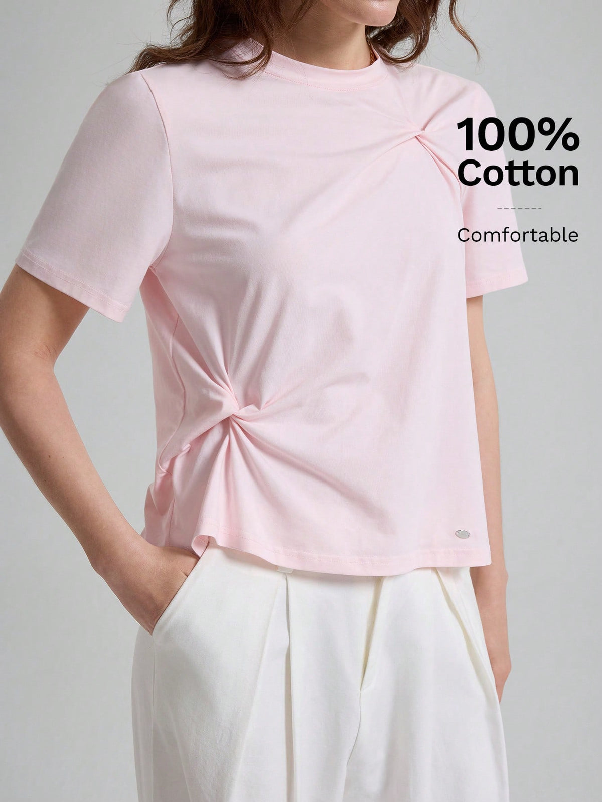 Ontre Women's Soft Pink T-Shirt,High-End Asymmetric Ruched Summer Casual Everyday Tops,Elegant Office Commuter Modern Urban Petite Fitted Shirt