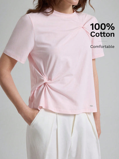 Ontre Women's Soft Pink T-Shirt,High-End Asymmetric Ruched Summer Casual Everyday Tops,Elegant Office Commuter Modern Urban Petite Fitted Shirt