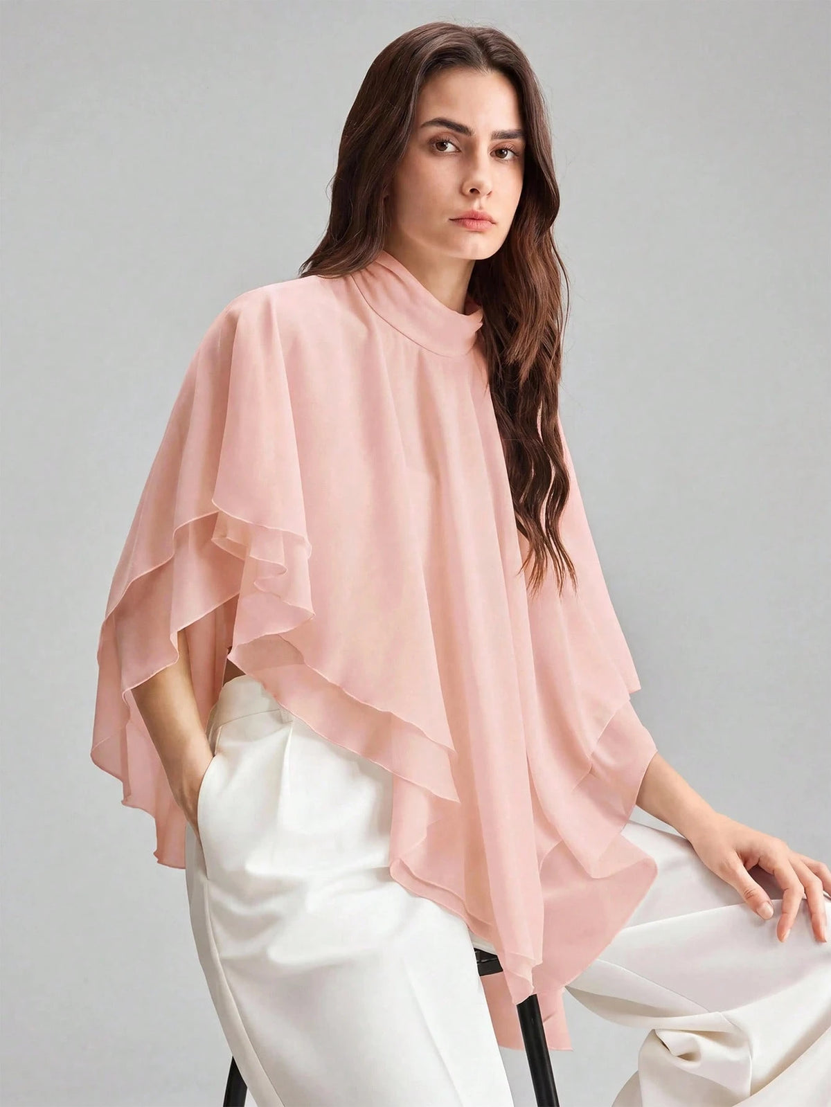Ontre Women's Solid Color Stand Collar Casual Elegant Elegant Versatile Daily Tea Party Outing Top Dusty Pink Summer Formal Ruffle Urban Modern Wedding