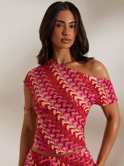 Opulessa Women's Fuchsia Pink Colorful Knit Asymmetrical Shoulder Blouse,Summer Boho Beach Vacation Holiday Holiday Top,Elegant Bohemian Outfits,Party Top