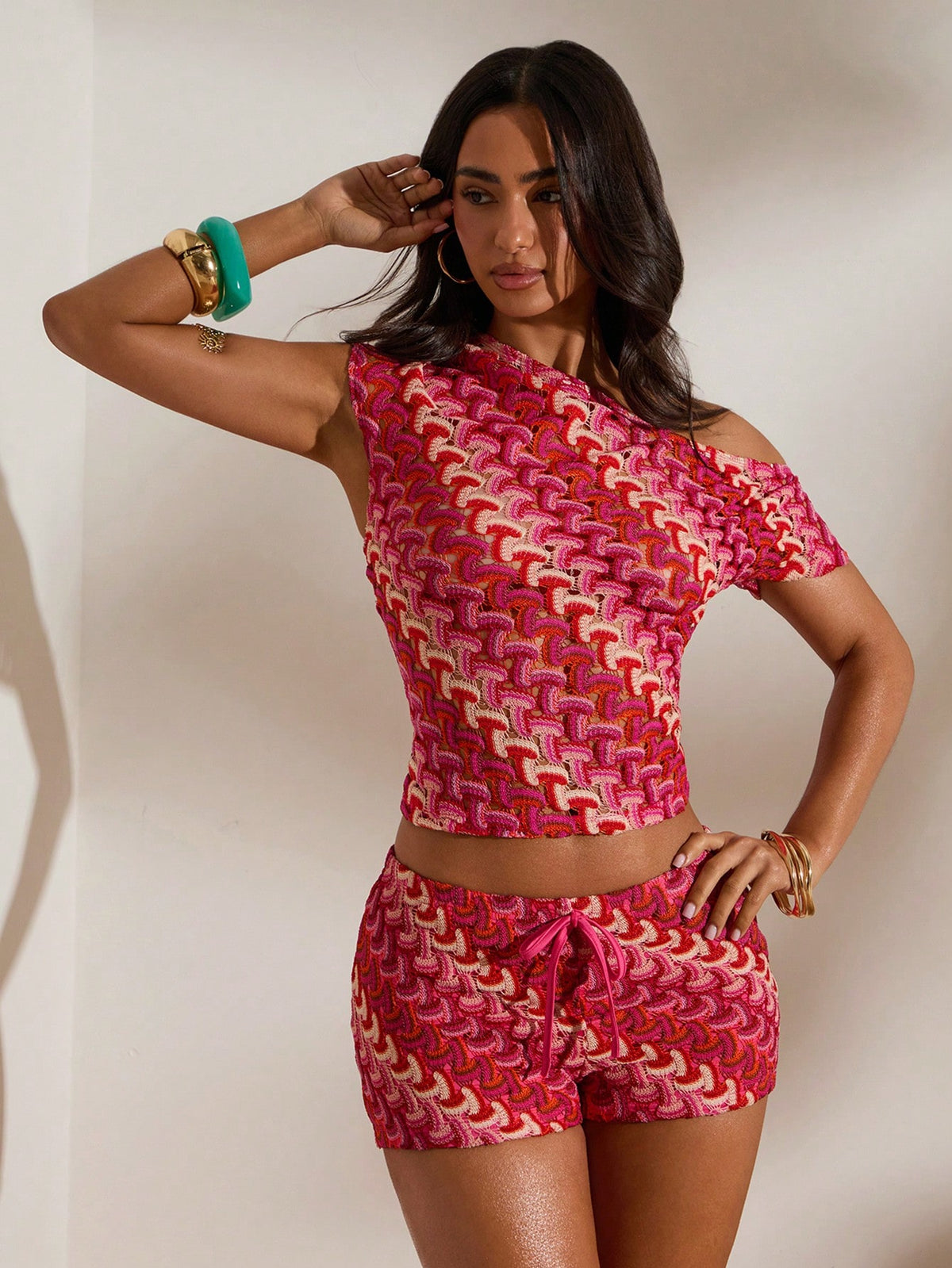 Opulessa Women's Fuchsia Pink Colorful Knit Asymmetrical Shoulder Blouse,Summer Boho Beach Vacation Holiday Holiday Top,Elegant Bohemian Outfits,Party Top