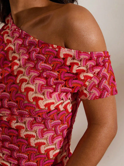 Opulessa Women's Fuchsia Pink Colorful Knit Asymmetrical Shoulder Blouse,Summer Boho Beach Vacation Holiday Holiday Top,Elegant Bohemian Outfits,Party Top