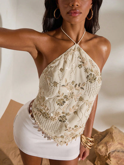 Opulessa Women's Sequin Embroidered Backless Halter Top,Beige,Summer,70s Retro,Night Out,Party Elegant Beach Vacation,Casual Holiday,Wedding Guest,Formal