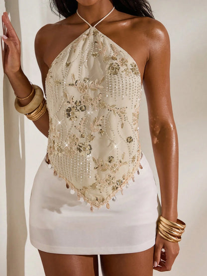 Opulessa Women's Sequin Embroidered Backless Halter Top,Beige,Summer,70s Retro,Night Out,Party Elegant Beach Vacation,Casual Holiday,Wedding Guest,Formal