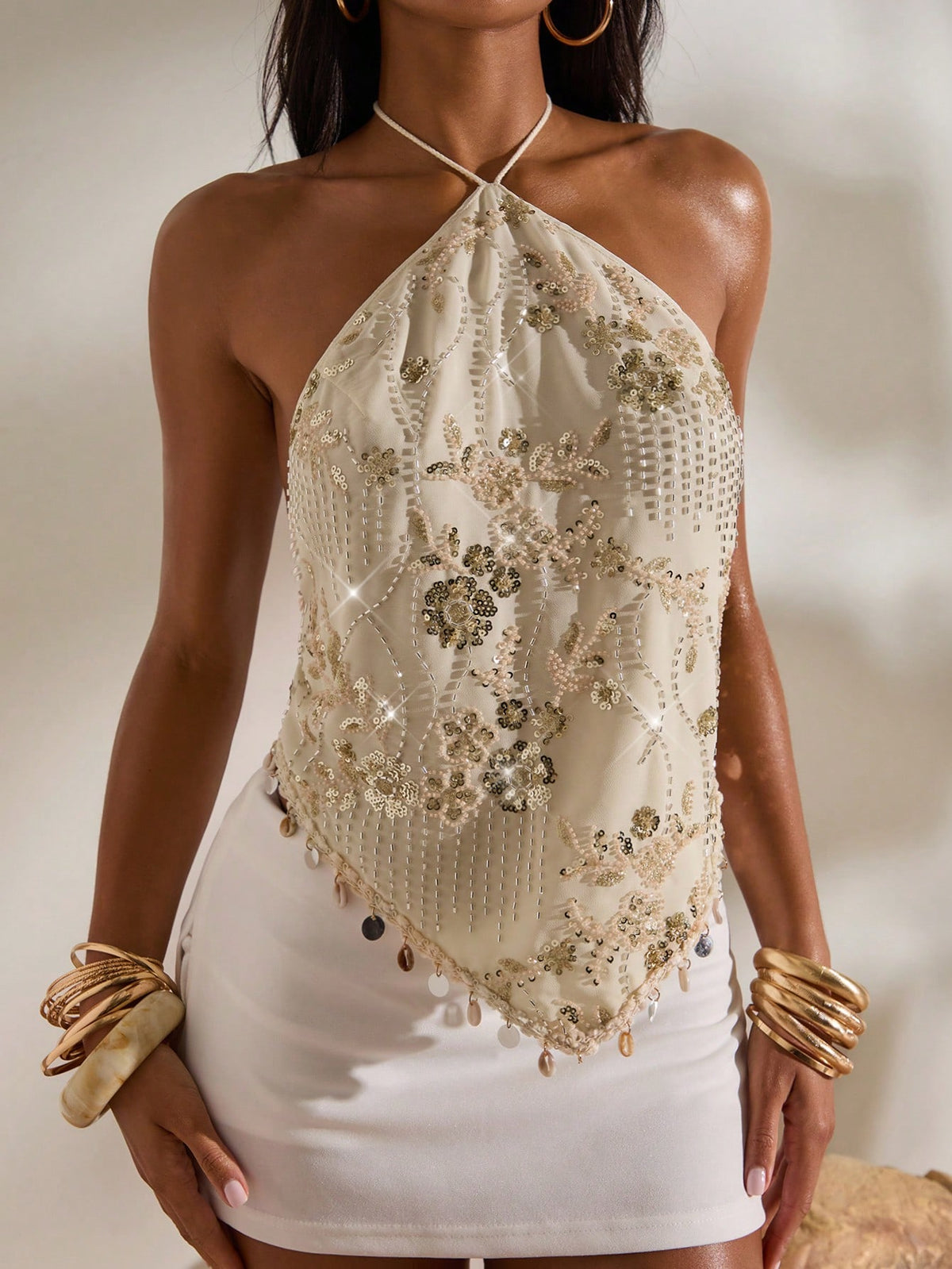 Opulessa Women's Sequin Embroidered Backless Halter Top,Beige,Summer,70s Retro,Night Out,Party Elegant Beach Vacation,Casual Holiday,Wedding Guest,Formal