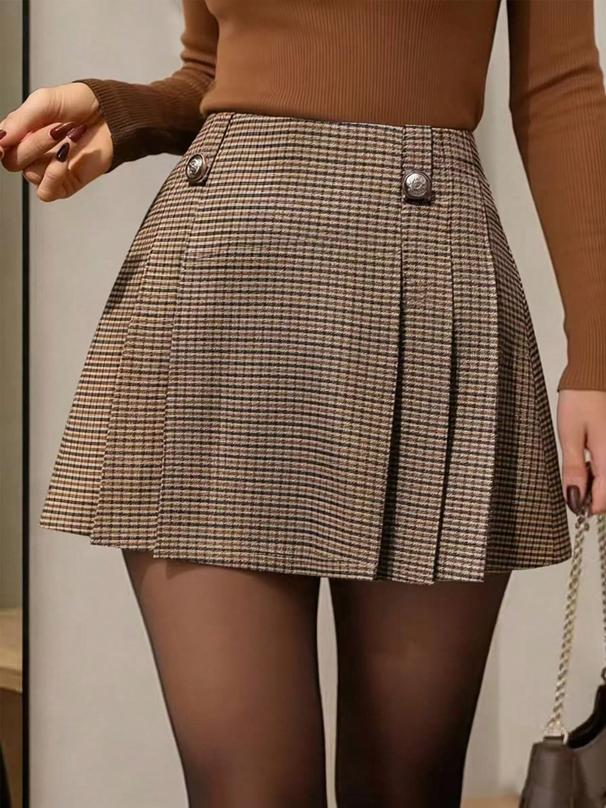 Pariaura Women's Plaid Print Fold Pleated Elegant A-Line Skirt