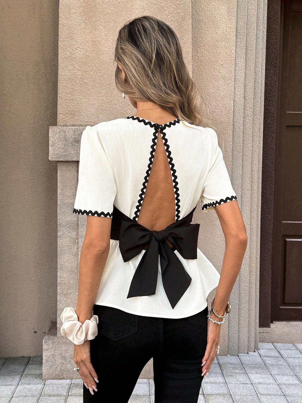 PariChic Women's French Style Elegant Black And White Summer Crop Top,Open-Back Bow Backless Shirt,Ivory Pleated Fabric With Lace Trim,Sweet Tea Party Top