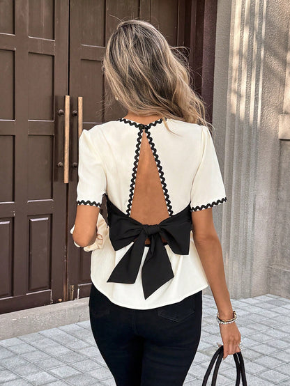 PariChic Women's French Style Elegant Black And White Summer Crop Top,Open-Back Bow Backless Shirt,Ivory Pleated Fabric With Lace Trim,Sweet Tea Party Top