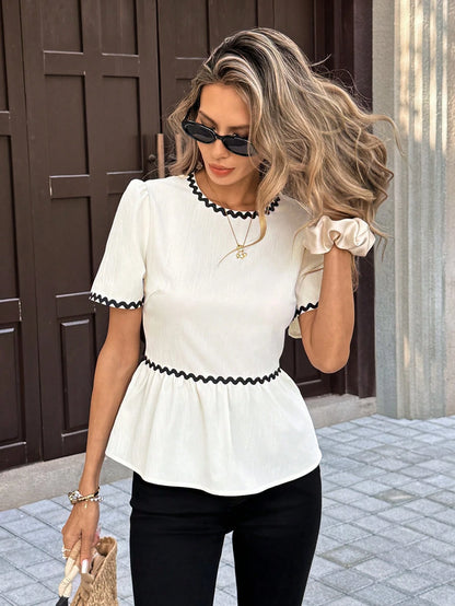 PariChic Women's French Style Elegant Black And White Summer Crop Top,Open-Back Bow Backless Shirt,Ivory Pleated Fabric With Lace Trim,Sweet Tea Party Top
