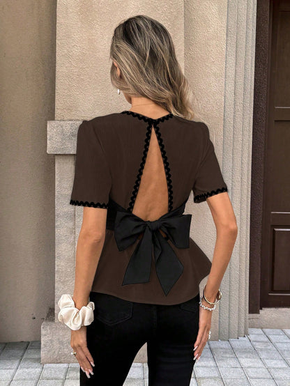 PariChic Women's French Style Elegant Black And White Summer Crop Top,Open-Back Bow Backless Shirt,Ivory Pleated Fabric With Lace Trim,Sweet Tea Party Top