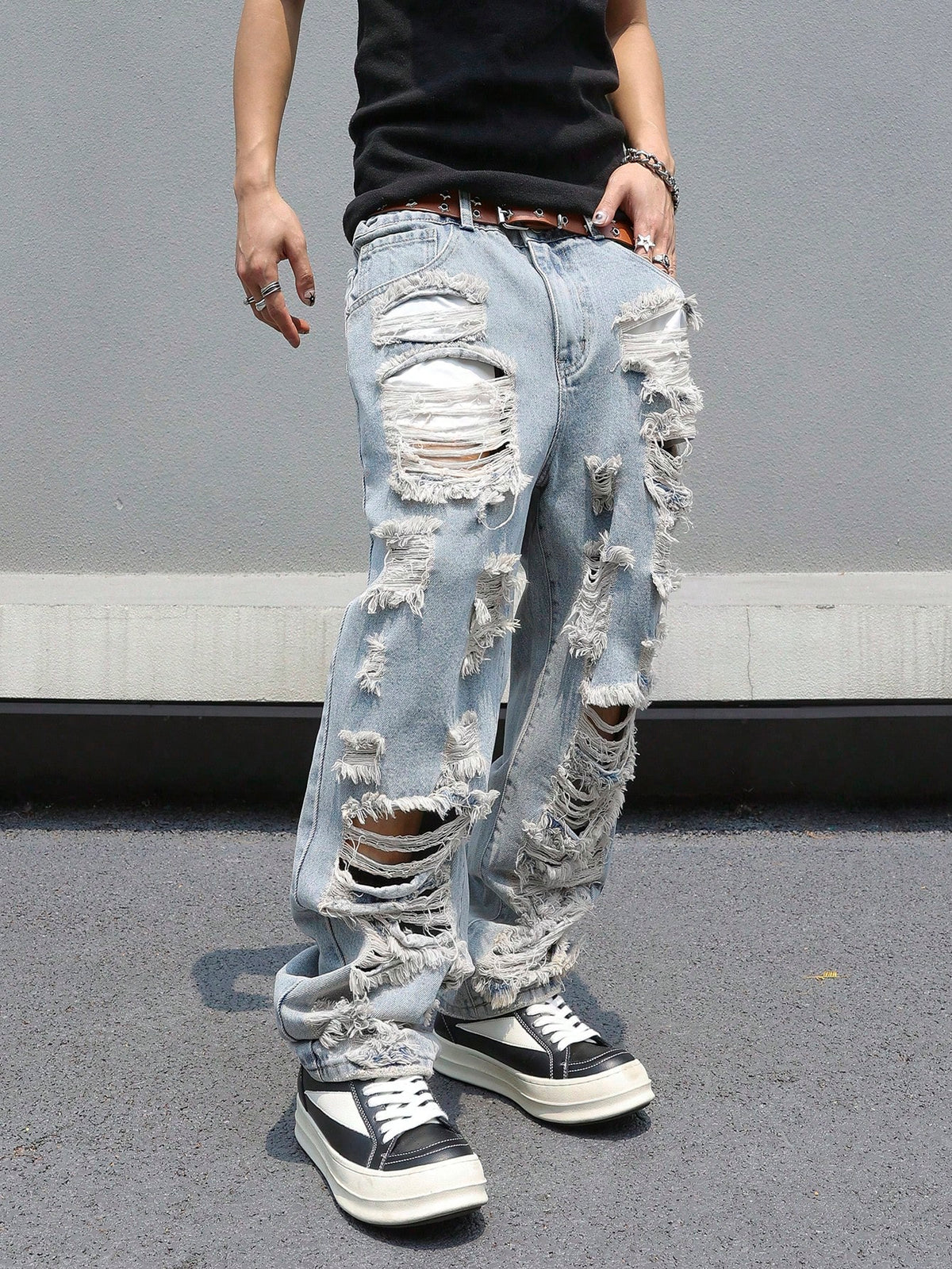 PAVTROS Manfinity Streetrush Plus Size Men's Loose Fit Casual Denim Jeans,Gray Summer Streetwear Evening Oversized Wide Leg Cargo Pants With Pockets Cowboy