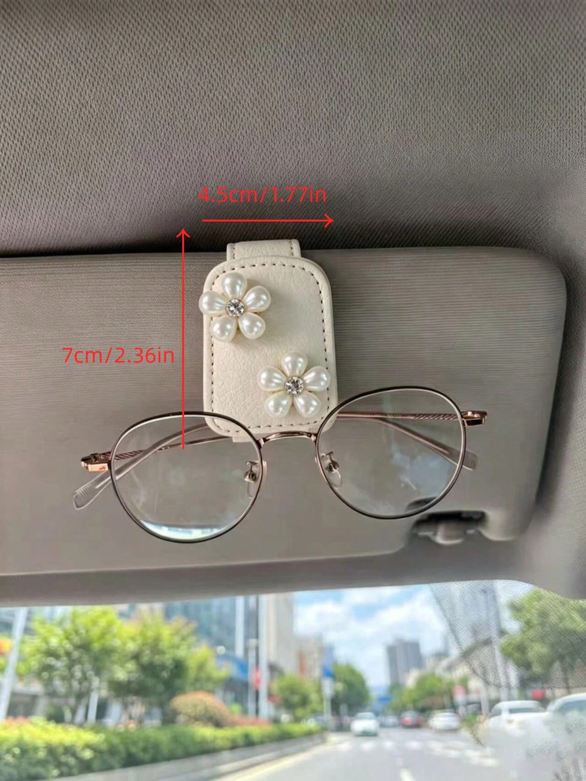 Pearl Rhinestone Flower Leather Car Fashion Glasses Clip, Car Sun Visor Fashion Glasses & Ticket Holder, Double Pearl Small Flower Car Sun Visor Glasses Clip, Lychee Grain Leather Surface Women's Car