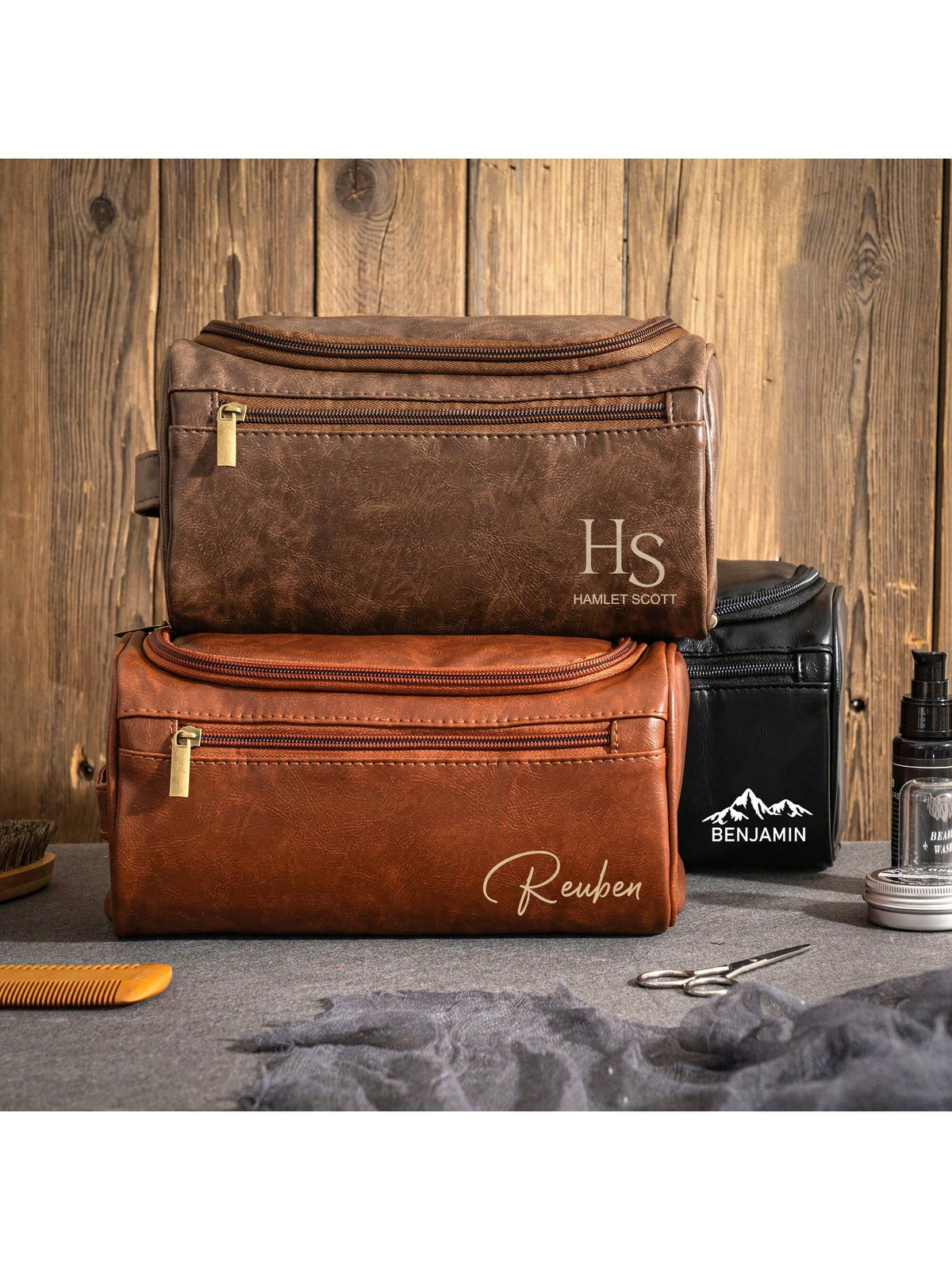 Personalized Toiletry Bag For Husband Dad Son, Custom Large Capacity PU Leather Travel Dopp Kit For Men, Custom Name Gift For Birthday Fathers Day Anniversary Wedding Groomsmen