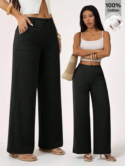 PETITE 100% Washed Cotton Low Waist Straight Pants,Petite Women