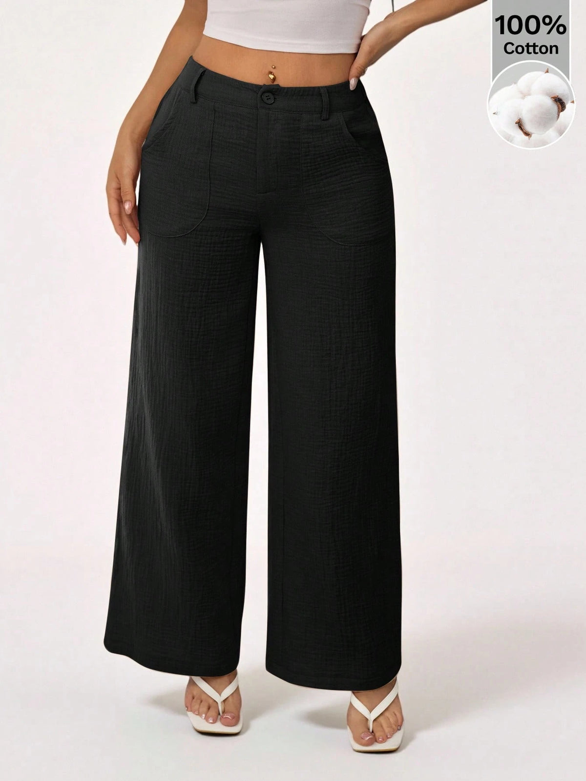 PETITE 100% Washed Cotton Low Waist Straight Pants,Petite Women