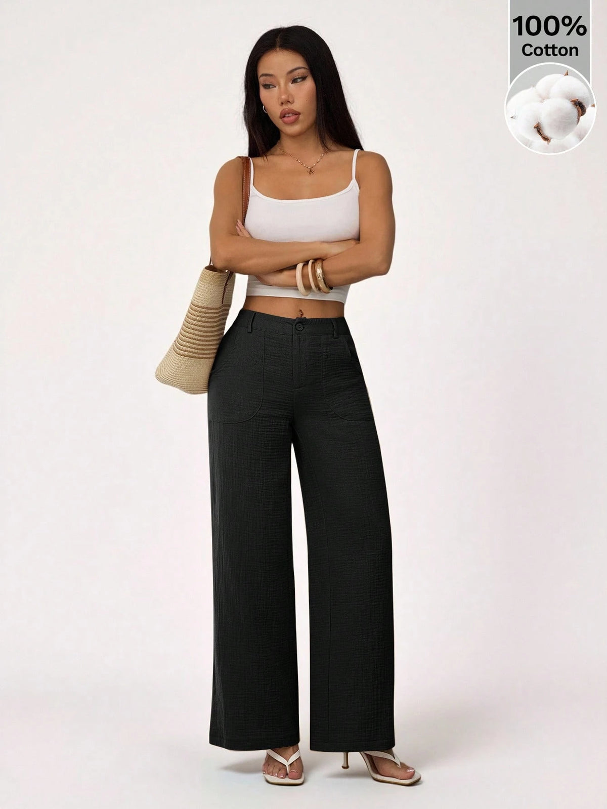 PETITE 100% Washed Cotton Low Waist Straight Pants,Petite Women