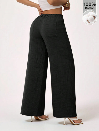 PETITE 100% Washed Cotton Low Waist Straight Pants,Petite Women