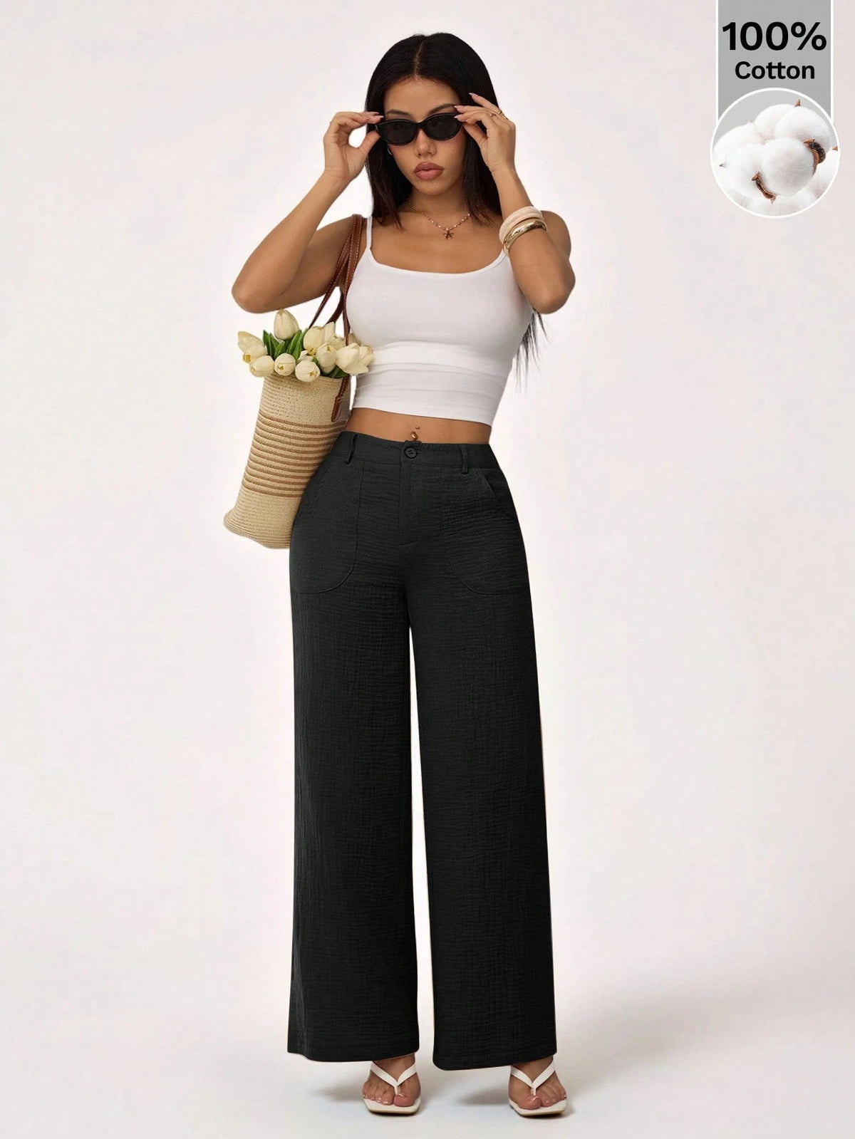 PETITE 100% Washed Cotton Low Waist Straight Pants,Petite Women