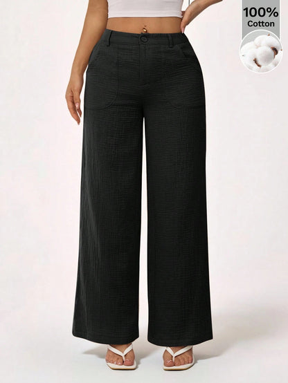 PETITE 100% Washed Cotton Low Waist Straight Pants,Petite Women