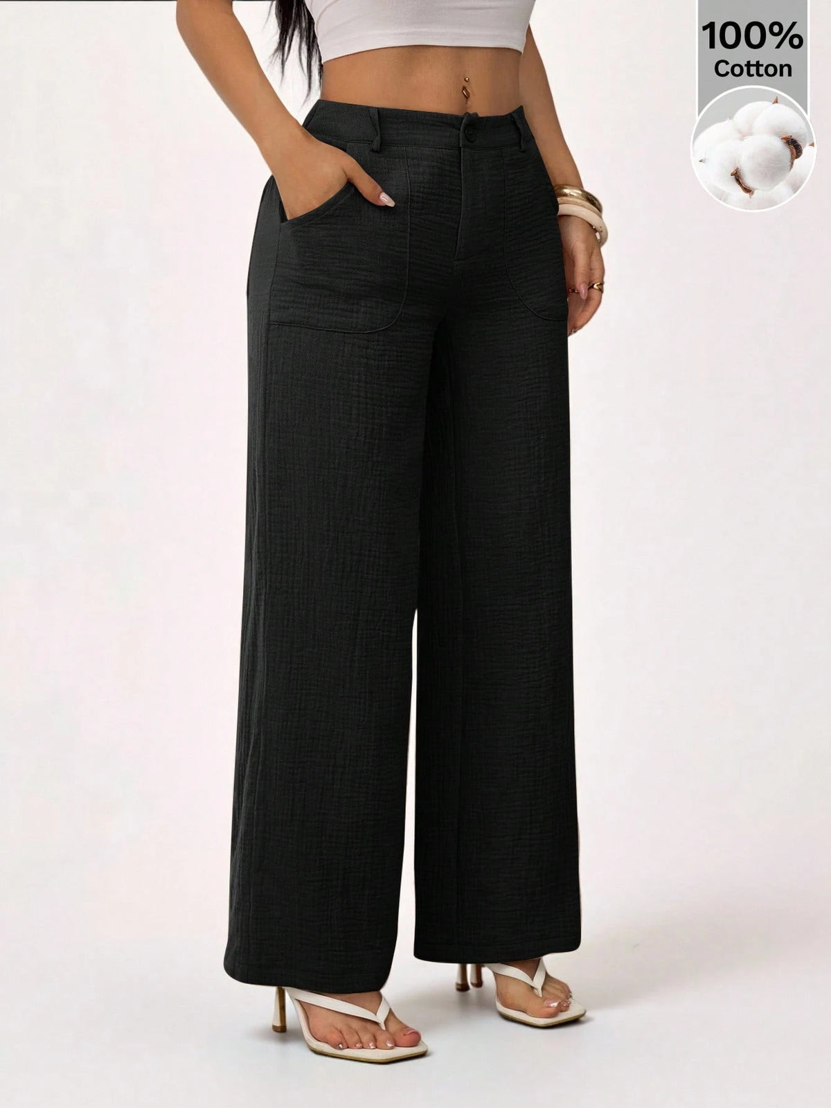 PETITE 100% Washed Cotton Low Waist Straight Pants,Petite Women