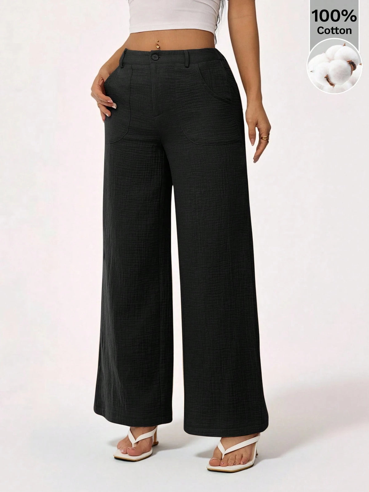 PETITE 100% Washed Cotton Low Waist Straight Pants,Petite Women