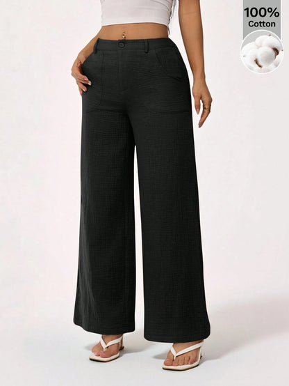 PETITE 100% Washed Cotton Low Waist Straight Pants,Petite Women