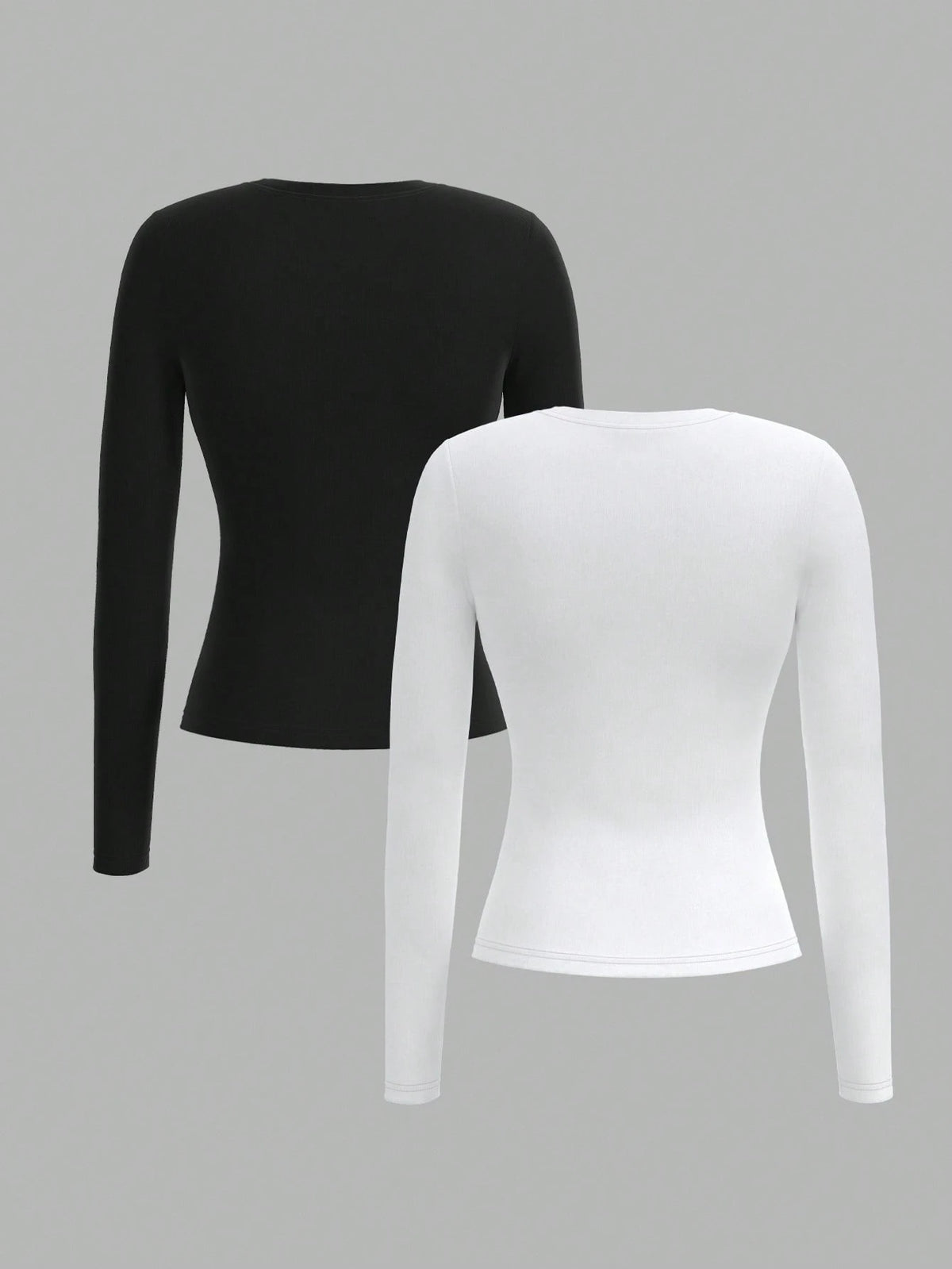 PETITE 2pcs Women Minimalist Modest Basic Tight Fitting Round Neck Long Sleeve Long Tee Set, Black White, Suitable For Autumn/Winter, Petite Women Everyday