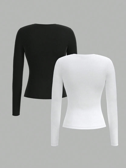 PETITE 2pcs Women Minimalist Modest Basic Tight Fitting Round Neck Long Sleeve Long Tee Set, Black White, Suitable For Autumn/Winter, Petite Women Everyday