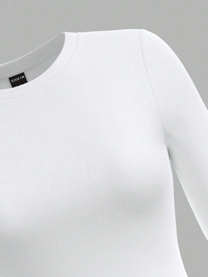 PETITE 2pcs Women Minimalist Modest Basic Tight Fitting Round Neck Long Sleeve Long Tee Set, Black White, Suitable For Autumn/Winter, Petite Women Everyday