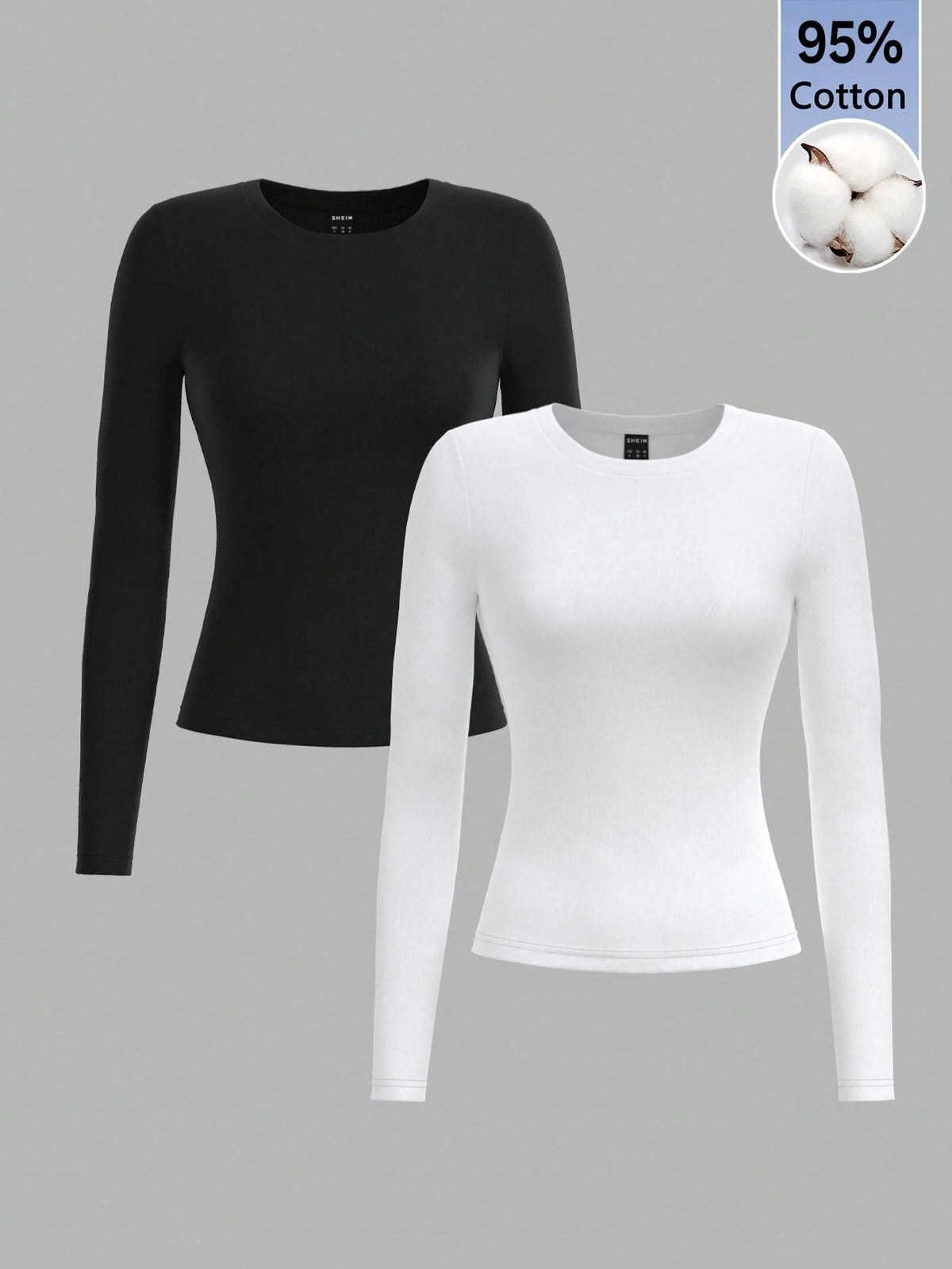 PETITE 2pcs Women Minimalist Modest Basic Tight Fitting Round Neck Long Sleeve Long Tee Set, Black White, Suitable For Autumn/Winter, Petite Women Everyday