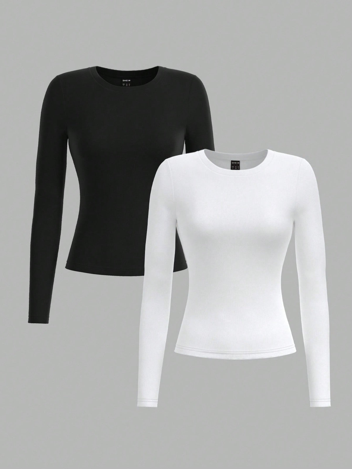 PETITE 2pcs Women Minimalist Modest Basic Tight Fitting Round Neck Long Sleeve Long Tee Set, Black White, Suitable For Autumn/Winter, Petite Women Everyday