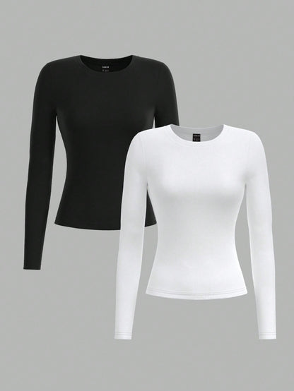 PETITE 2pcs Women Minimalist Modest Basic Tight Fitting Round Neck Long Sleeve Long Tee Set, Black White, Suitable For Autumn/Winter, Petite Women Everyday