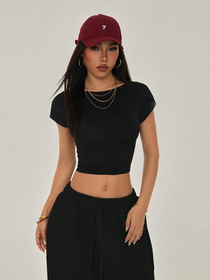 PETITE Black Open Back T-Shirt Top Suitable For Petite, Summer Club Night Night Out Casual Sexy