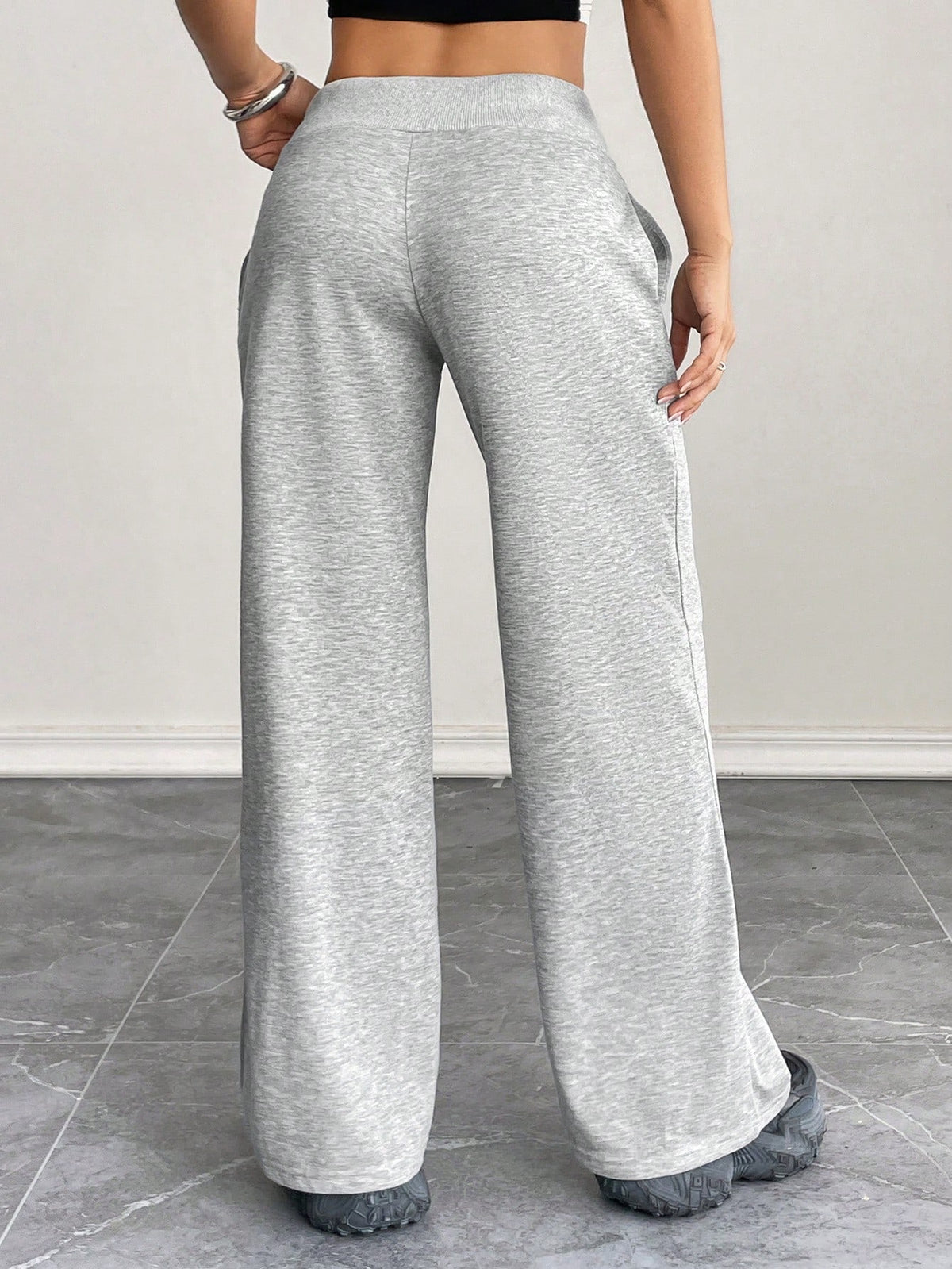PETITE Comfortable And Casual Plain Knitted Low-Rise Wide-Leg Women's Sweatpants Baggy,Petite Women