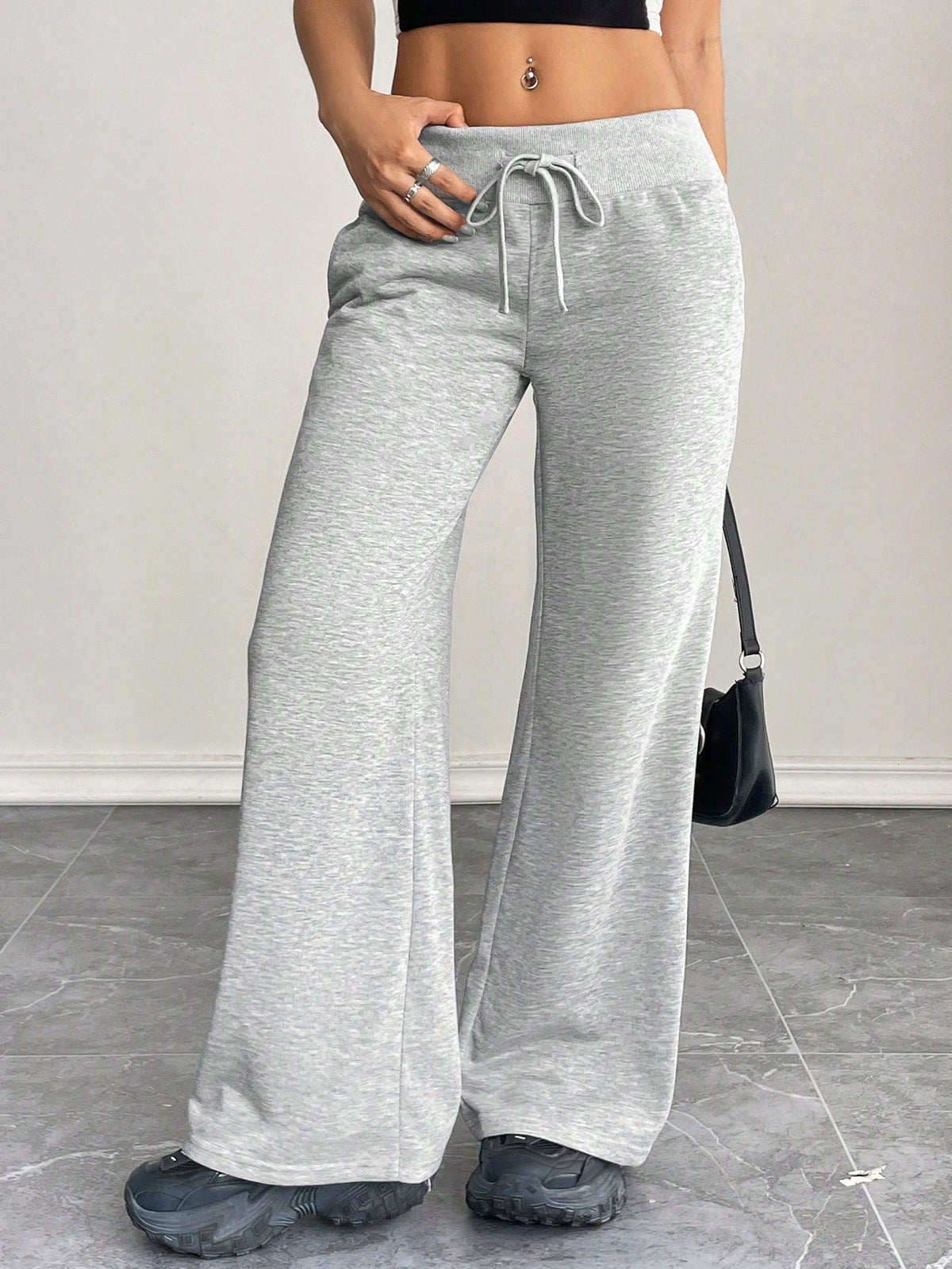 PETITE Comfortable And Casual Plain Knitted Low-Rise Wide-Leg Women's Sweatpants Baggy,Petite Women