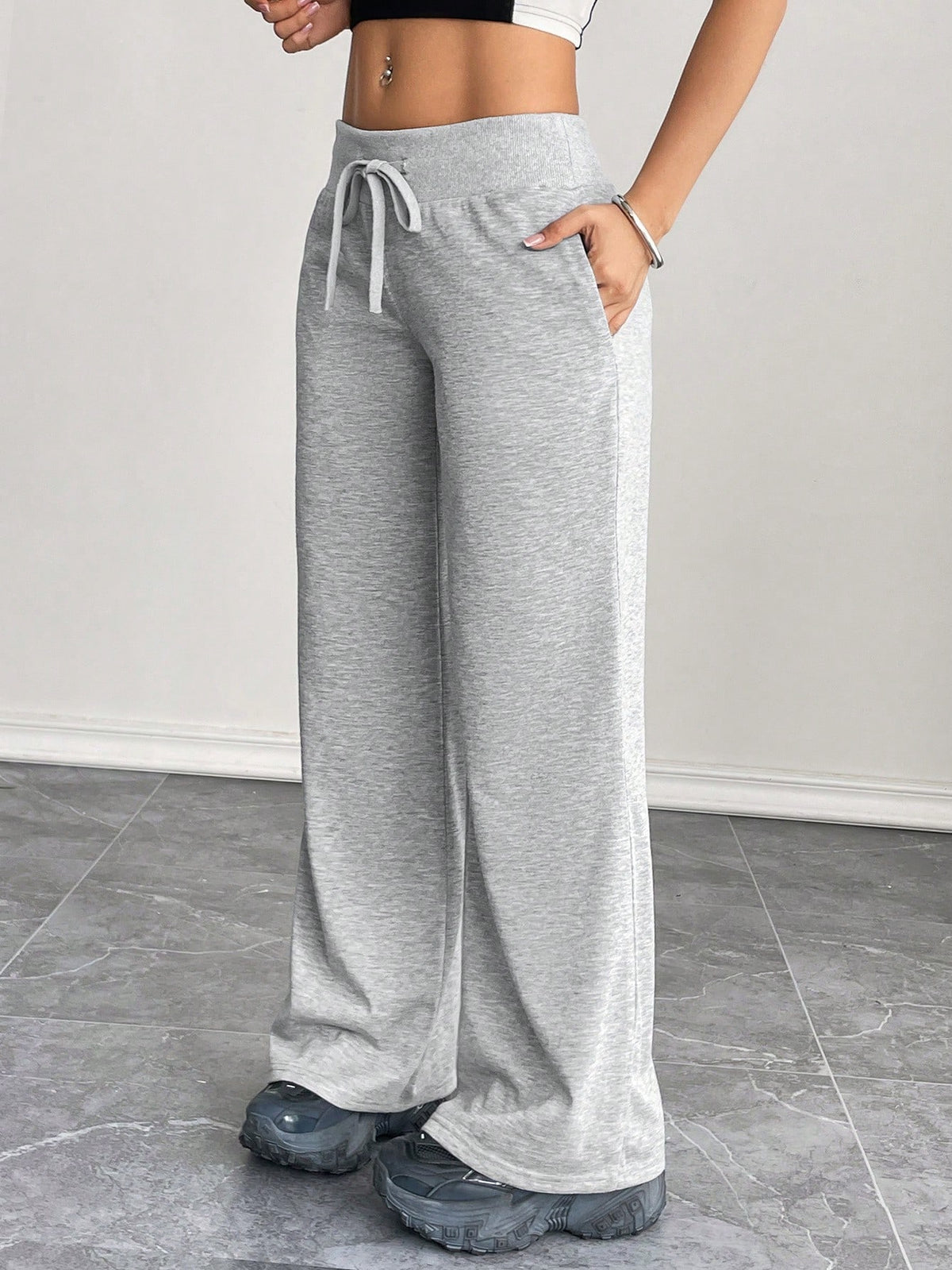 PETITE Comfortable And Casual Plain Knitted Low-Rise Wide-Leg Women's Sweatpants Baggy,Petite Women