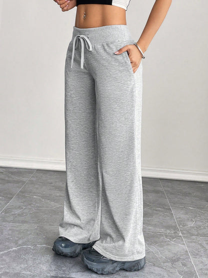 PETITE Comfortable And Casual Plain Knitted Low-Rise Wide-Leg Women's Sweatpants Baggy,Petite Women