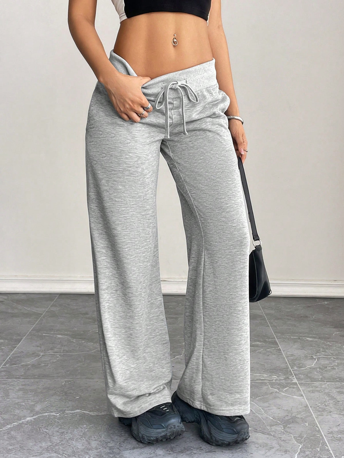 PETITE Comfortable And Casual Plain Knitted Low-Rise Wide-Leg Women's Sweatpants Baggy,Petite Women