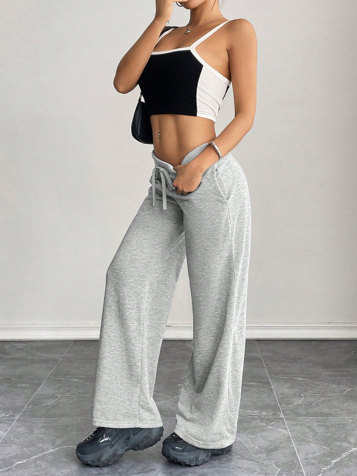 PETITE Comfortable And Casual Plain Knitted Low-Rise Wide-Leg Women's Sweatpants Baggy,Petite Women