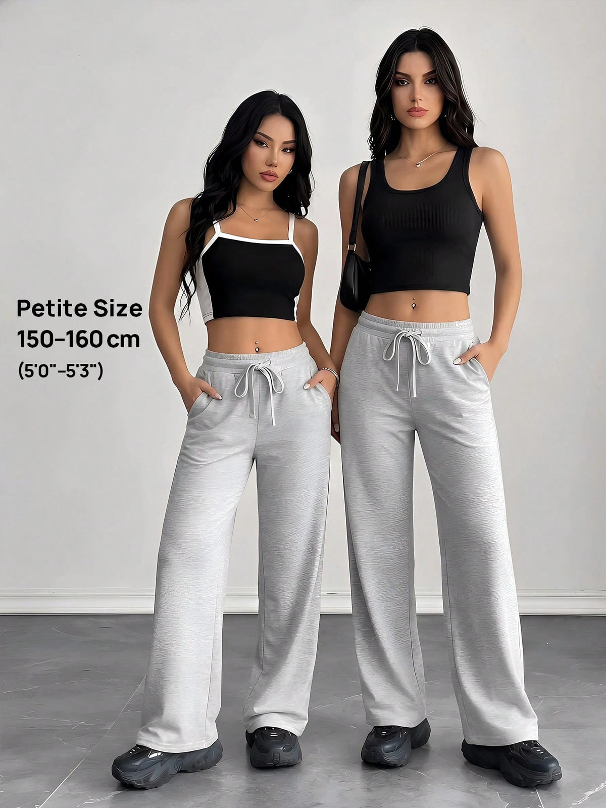 PETITE Comfortable And Casual Plain Knitted Low-Rise Wide-Leg Women's Sweatpants Baggy,Petite Women