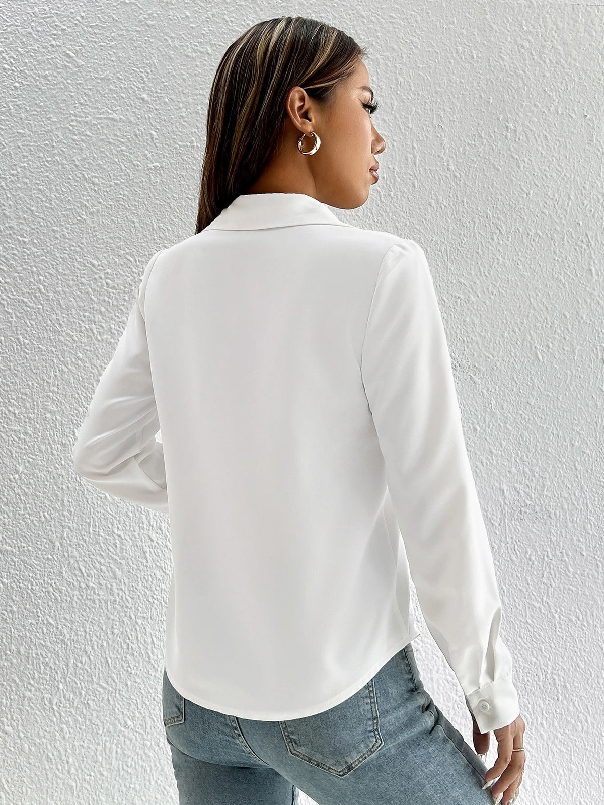 PETITE Solid Button Front Shirt,Long Sleeve Tops,Petite Women