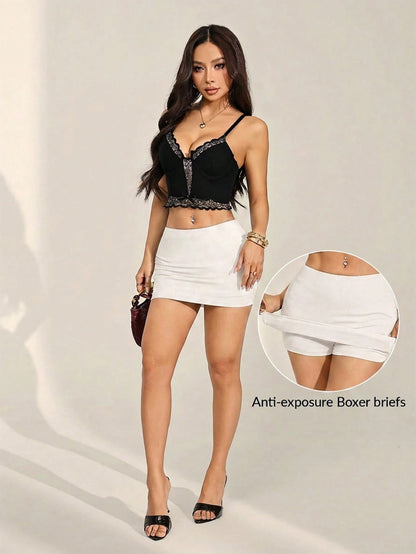 PETITE Women's Black Sexy Casual Mini Bodycon Skirt (With Leggings Included),Petite Women