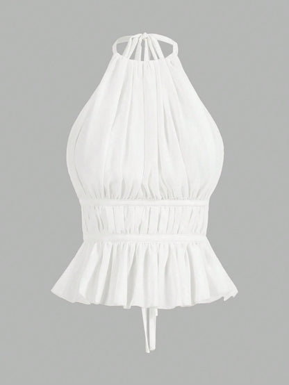 PETITE Women's Pleated Halter Neckline Waist-Tied Backless Tank Top,Petite Women
