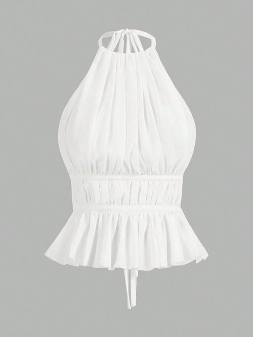 PETITE Women's Pleated Halter Neckline Waist-Tied Backless Tank Top,Petite Women